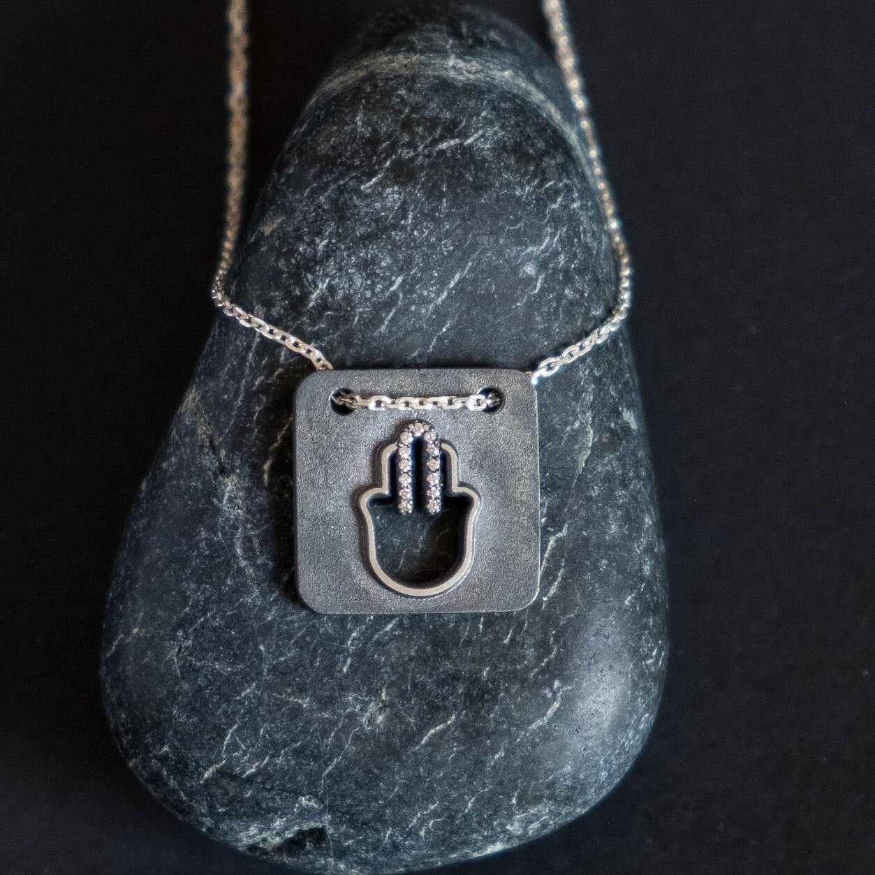 Modern Hamsa Necklace with natural diamonds