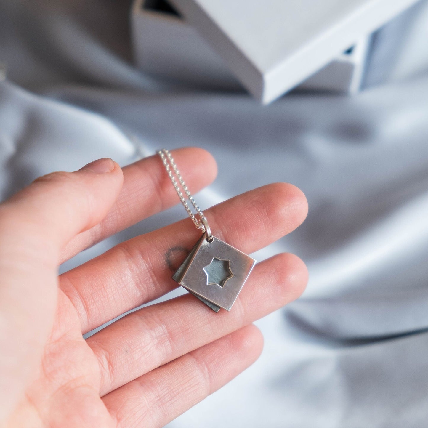Silver Magen David – Movable Square Star Necklace